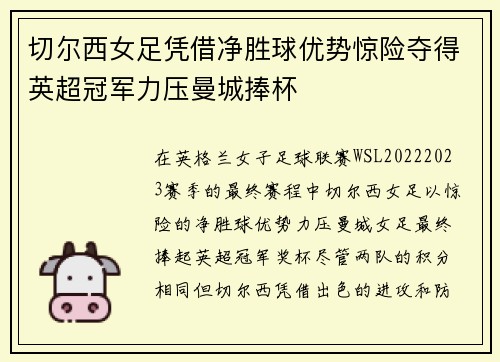 切尔西女足凭借净胜球优势惊险夺得英超冠军力压曼城捧杯